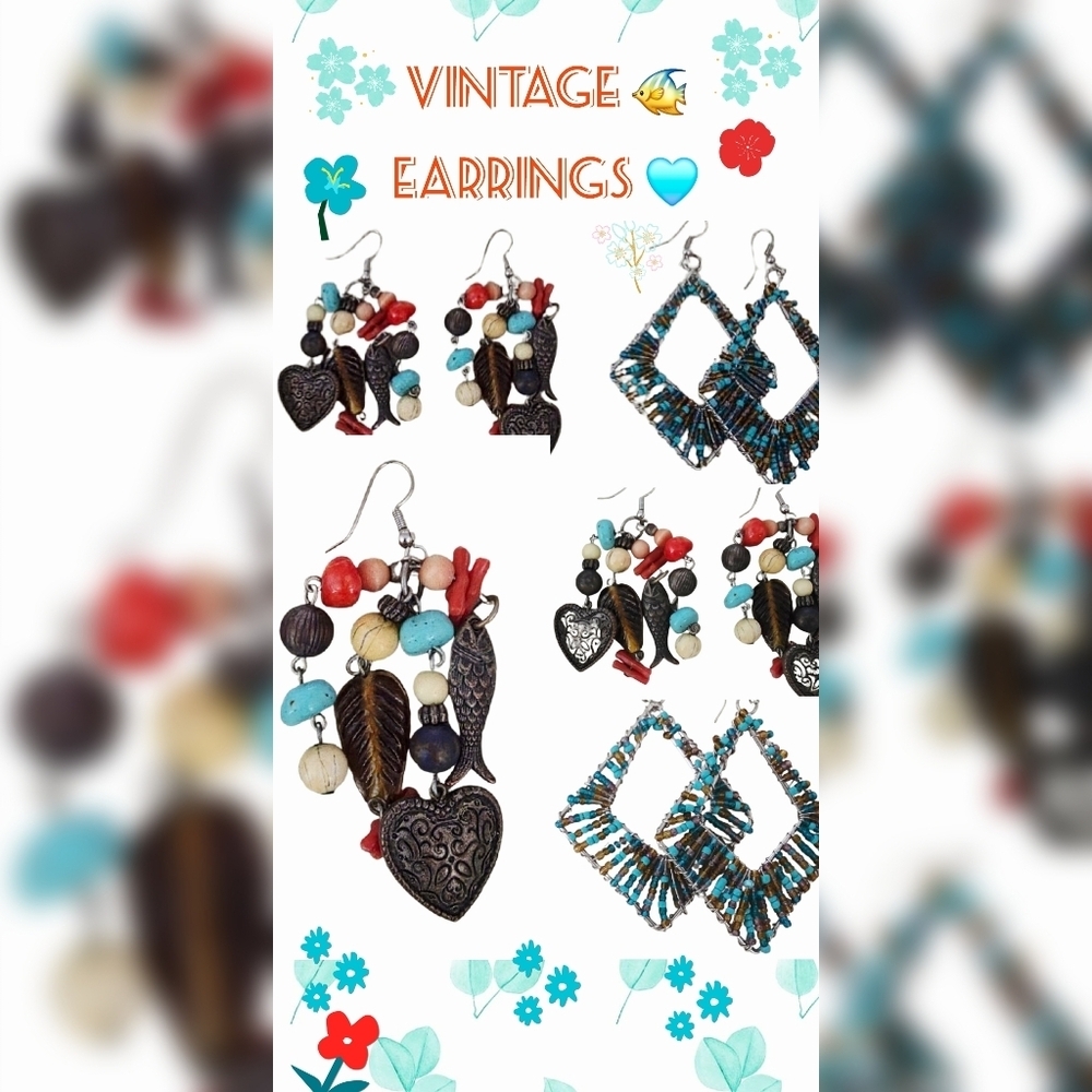 📣Vintage 90s Beaded Bohemian Tribal Earrings Dangle Wire 🐠 🩵 ❤️🔥 🍂 2 Pair